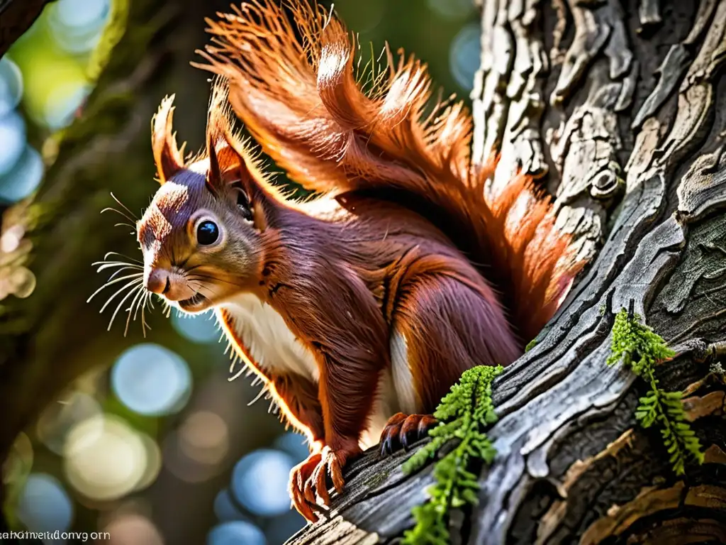 Una ardilla roja vibrante en un árbol antiguo, con ojos brillantes