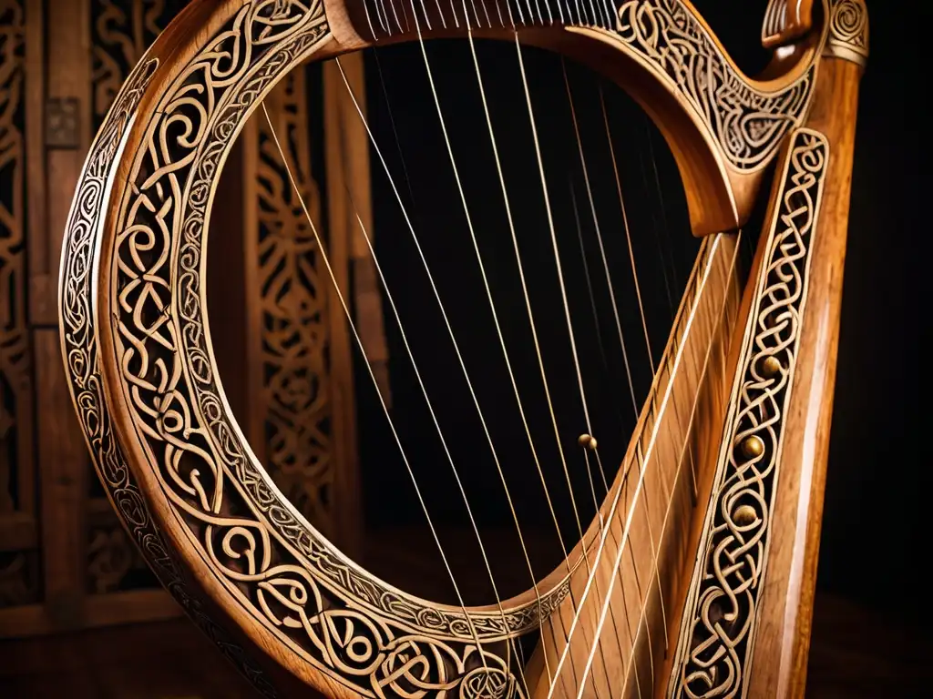 Arpa de Dagda: Poder ancestral y mística celta Arpa de Dagda mitología irlandesa: Detalle de la antigua arpa, con intrincados grabados y cuerdas visibles, exudando poder y misticismo