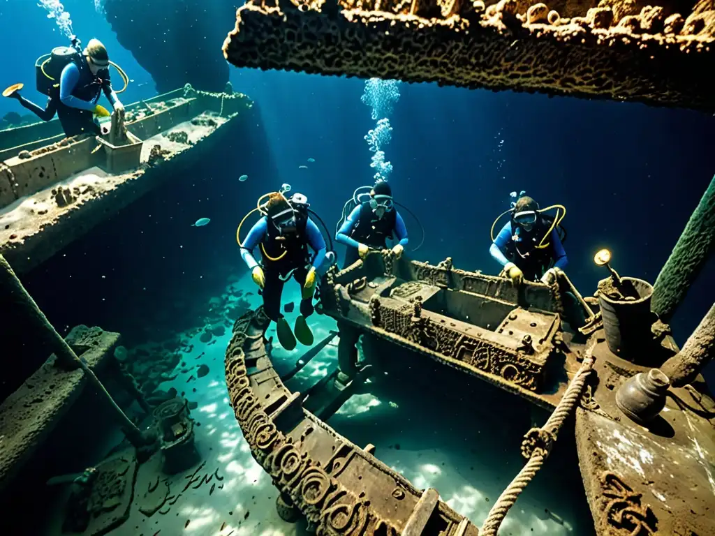 Arqueólogos submarinos excavando el Galeón San José rodeados por el profundo océano azul, capturando la intensa batalla legal por el tesoro
