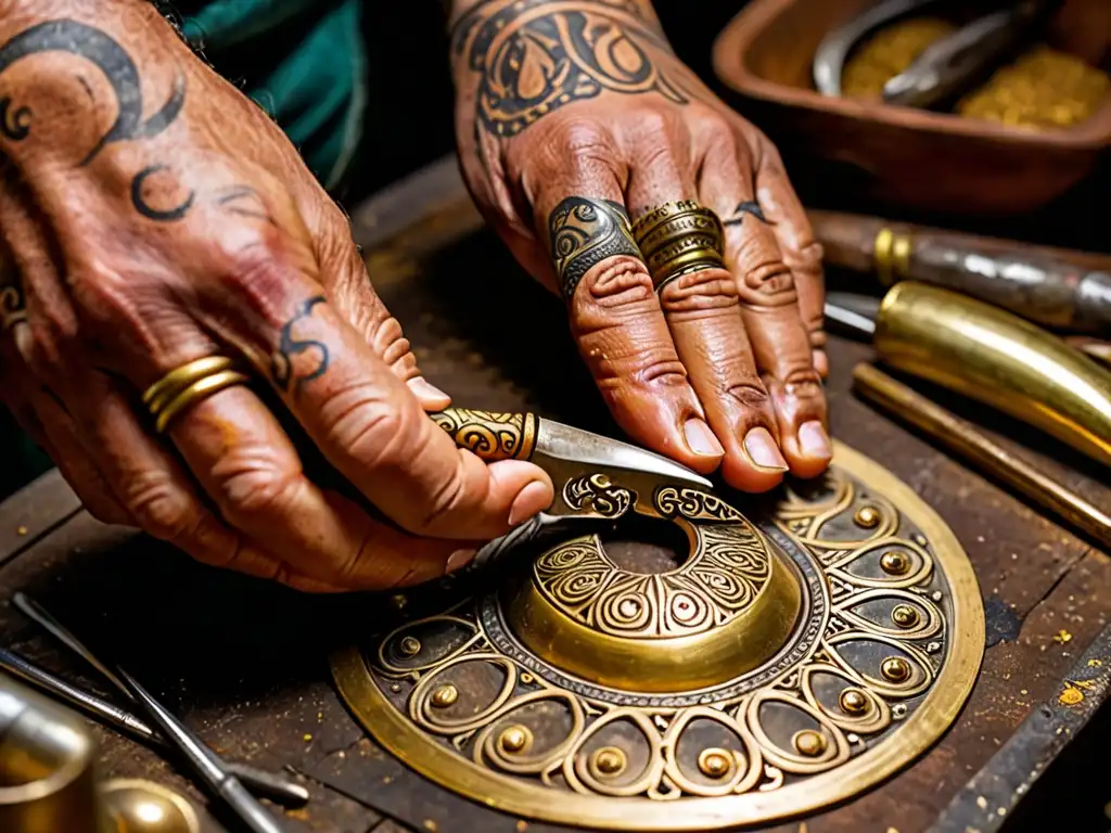 Un artesano experto elabora un colgante de Cornicello italiano con oro, en un taller nostálgico