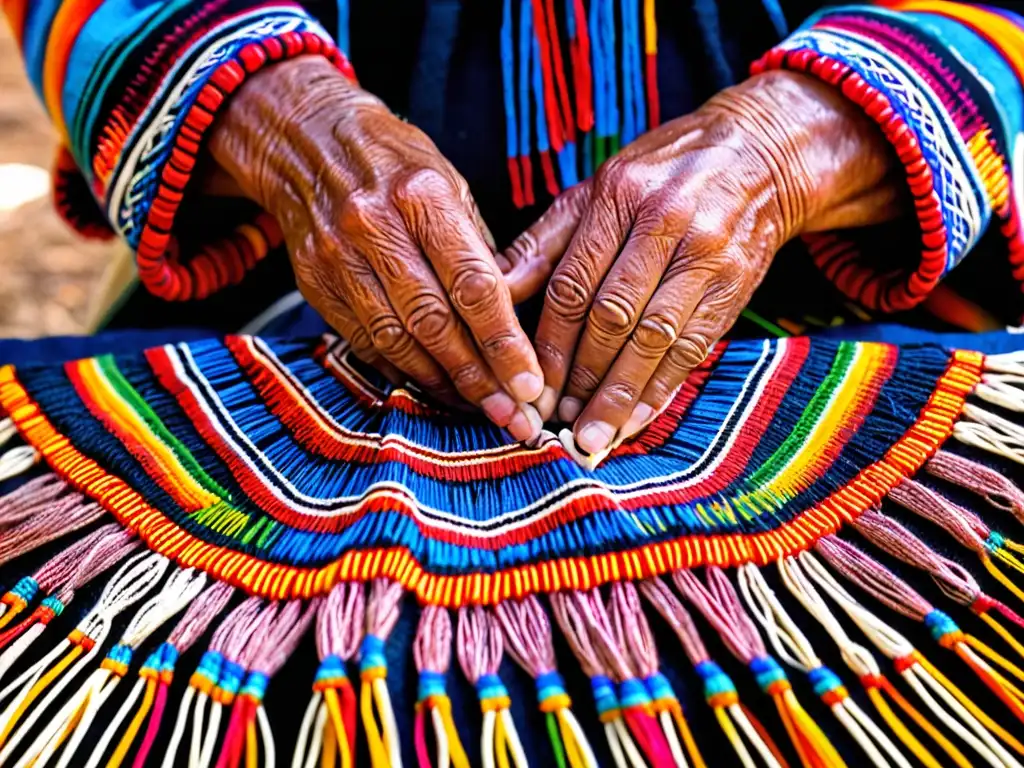 Un artesano experto teje coloridos hilos en la Fiesta Nacional del Poncho, representando la identidad cultural y la artesanía tradicional del poncho en Argentina