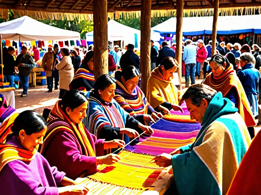 Artesanos tejiendo ponchos en la bulliciosa Fiesta Nacional del Poncho, reflejando la identidad cultural y la tradición argentina
