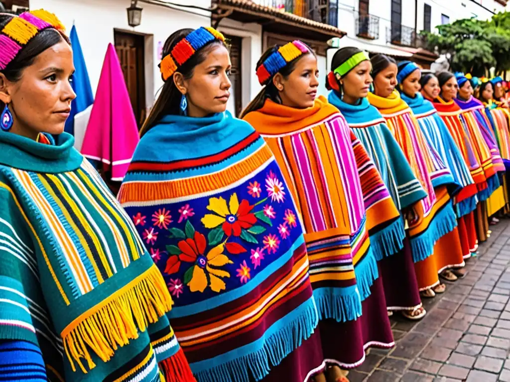 Artesanos tejiendo ponchos coloridos en la Fiesta Nacional del Poncho, reflejo de la identidad cultural de Argentina