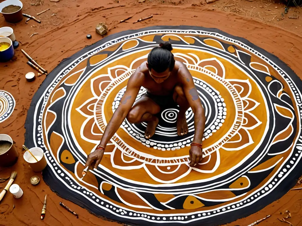 Artista aborigen pintando una historia del Dreamtime Un artista aborigen pinta una historia del Dreamtime en un lienzo con pigmentos naturales