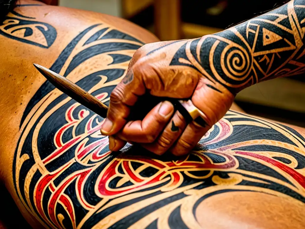 Un artista tatuador polinesio crea con precisión un diseño tradicional en la espalda de un cliente, utilizando técnicas manuales