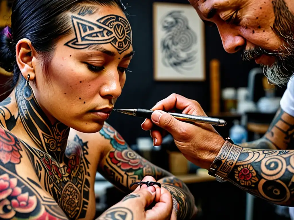 Un artista del tatuaje crea una obra detallada con máquina y herramientas tradicionales