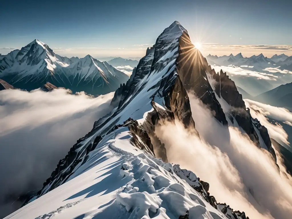 Ascenso mitológico: Montaña mágica envuelta en misterio, con luz etérea y alpinistas determinados en su imponente escala