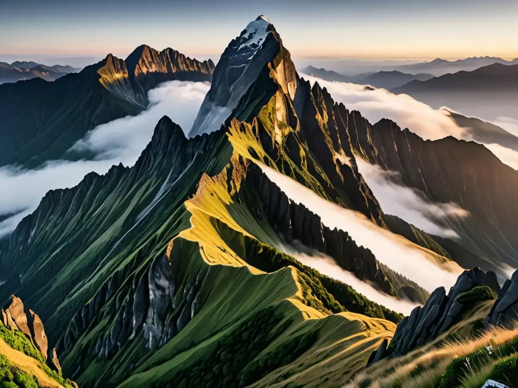 Ascenso mitológico a la Montaña Mágica: un pico majestuoso envuelto en niebla al amanecer, evocando la leyenda y el poder de la naturaleza