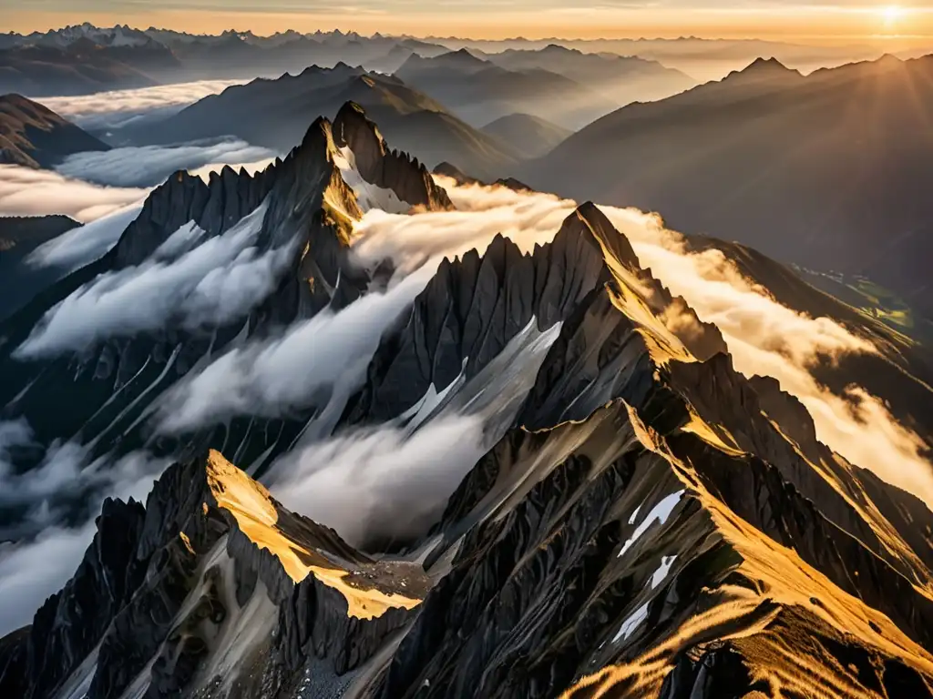 Ascenso mitológico a la majestuosa Montaña Mágica, bañada por la cálida luz del atardecer y envuelta en niebla mística