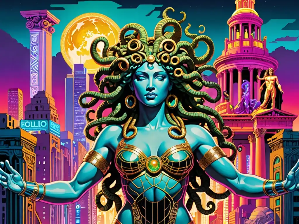 Una asombrosa reinterpretación de mitos clásicos en la cultura pop, con Medusa, Apolo y Hércules en un mundo futurista y vibrante