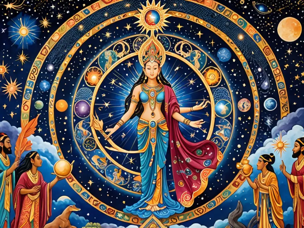 Un asombroso mural representa deidades mitológicas de diversas culturas, entrelazando destinos