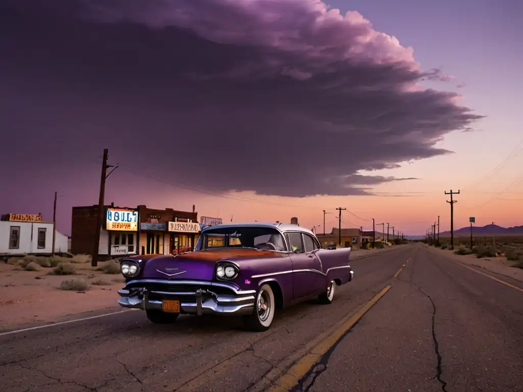 Desolada Ruta 66 al atardecer: coche vintage y misterio Un atardecer misterioso en la desolada Ruta 66 con un coche vintage iluminando las sombras