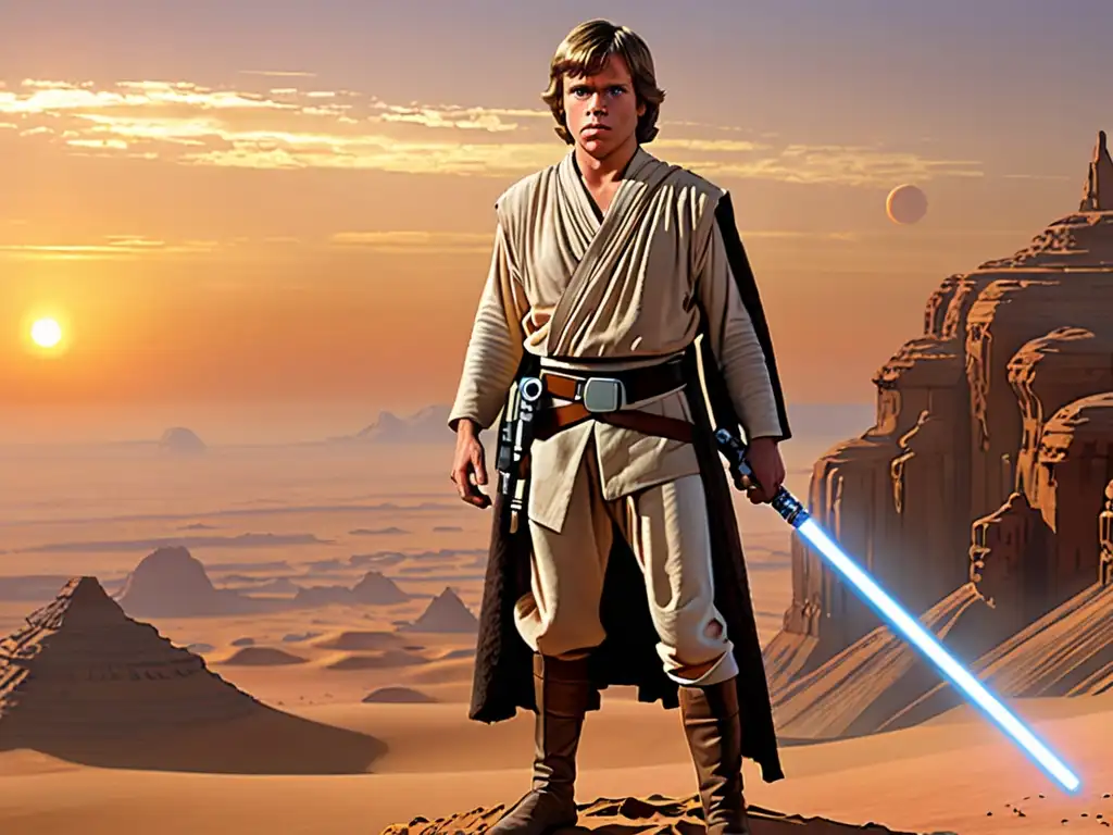 Luke Skywalker contempla el atardecer en Tatooine con determinación y su sable de luz, evocando los paralelismos entre Star Wars y mitología