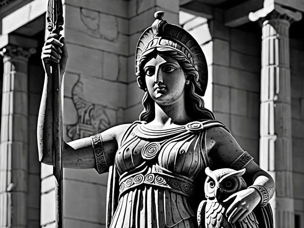 Athena, deidad femenina en una postura poderosa con una lanza y un búho en el hombro