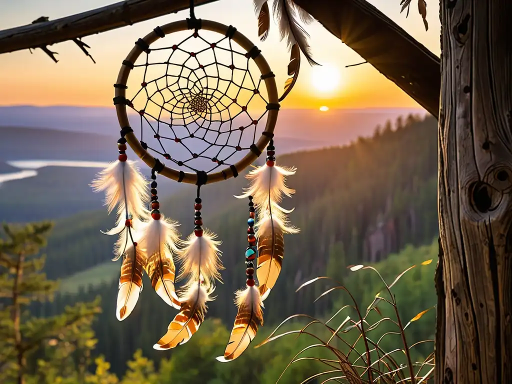 Un atrapasueños nativo americano cuelga de un haz de madera, enmarcado por un atardecer cálido y paisaje sereno