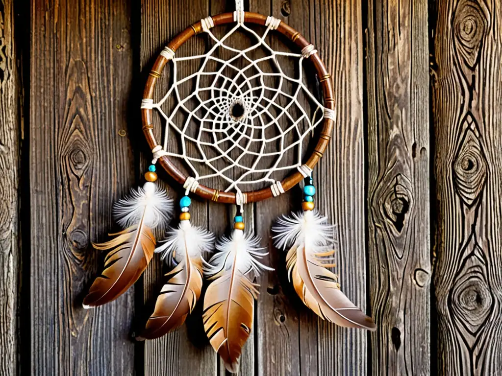 Un atrapasueños tradicional nativo americano cuelga con plumas y cuentas, iluminado por luz natural