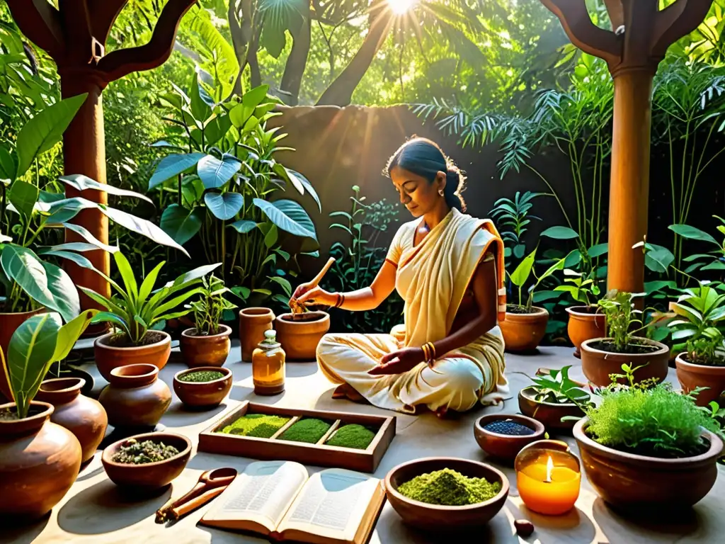 Un jardín ayurvédico sereno y exuberante, lleno de hierbas y plantas medicinales vibrantes
