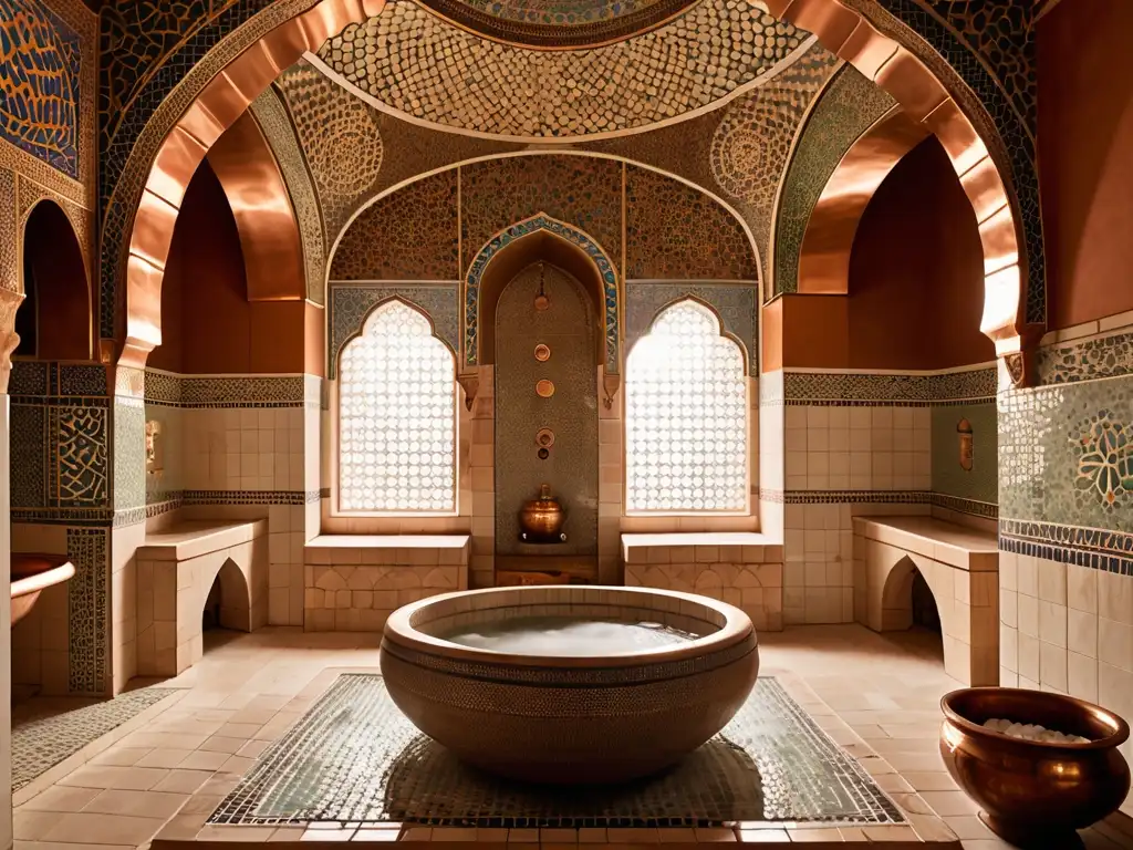Un baño turco tradicional con azulejos intrincados, arcos ornamentados y una suave iluminación ambiental
