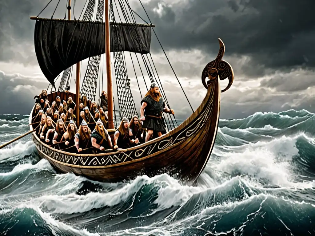 Un barco vikingo surca aguas turbulentas con tripulación remando enérgicamente