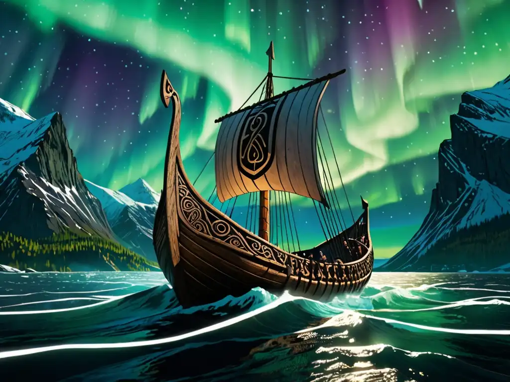 Un barco vikingo tallado navega en aguas turbulentas bajo las Luces del Norte, con un guerrero en la proa
