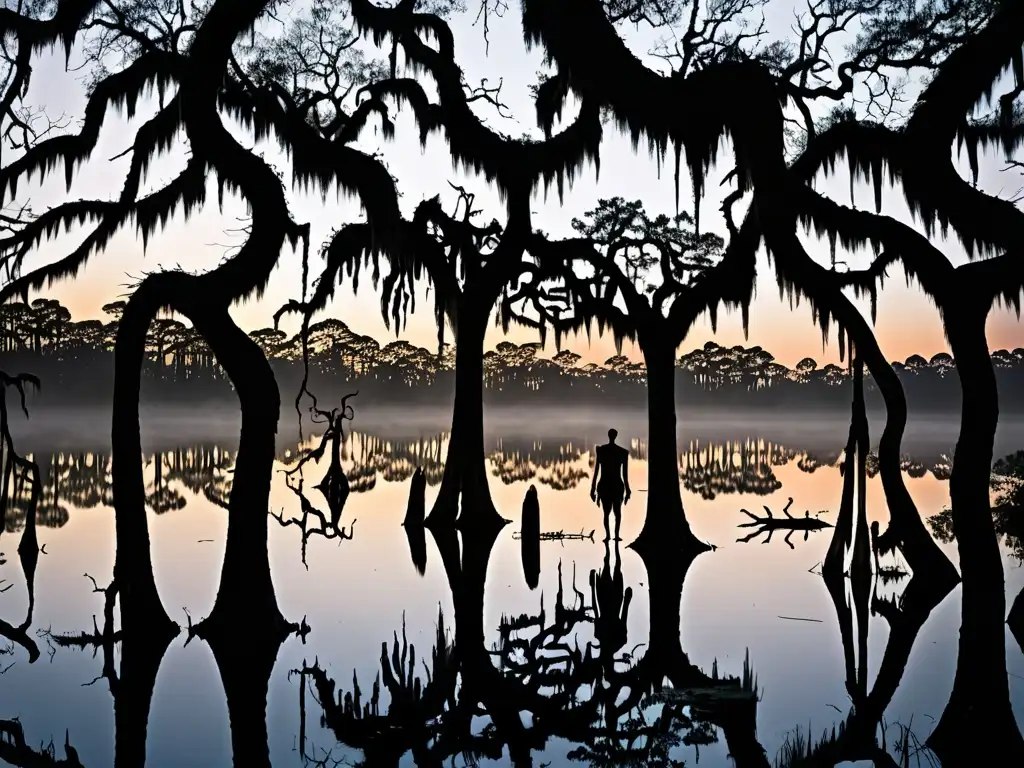 Un bayou misterioso al atardecer, con árboles retorcidos y el Rougarou en el folklore cajún, envuelto en niebla y misterio