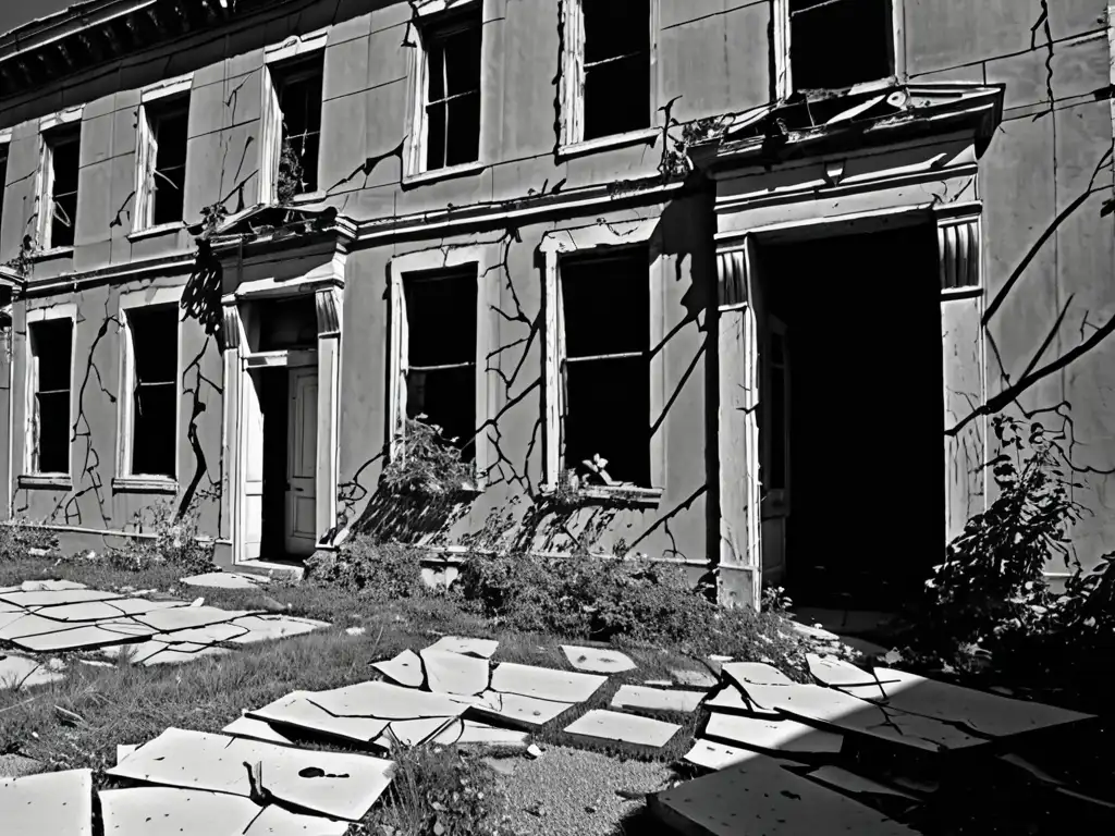 Una fotografía en blanco y negro de un edificio abandonado y cubierto de maleza