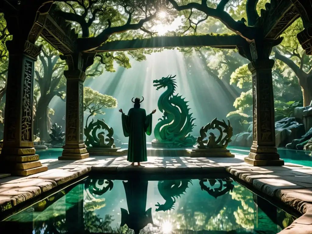 Un bosque antiguo envuelto en niebla, con un altar de piedra y un misterioso ritual de sabiduría Merlín literatura fantástica