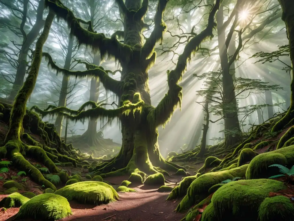 Un bosque antiguo y misterioso envuelto en neblina, con árboles cubiertos de musgo
