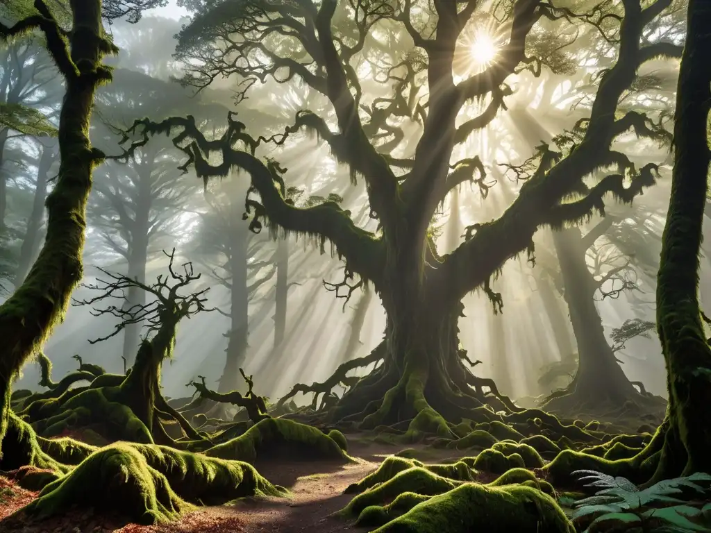 Un bosque brumoso con árboles antiguos y retorcidos envueltos en niebla