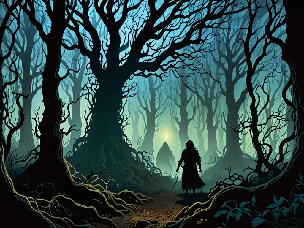 Bosque misterioso al anochecer con criaturas ocultas Un bosque brumoso al anochecer, con árboles retorcidos y maleza enredada creando una atmósfera misteriosa