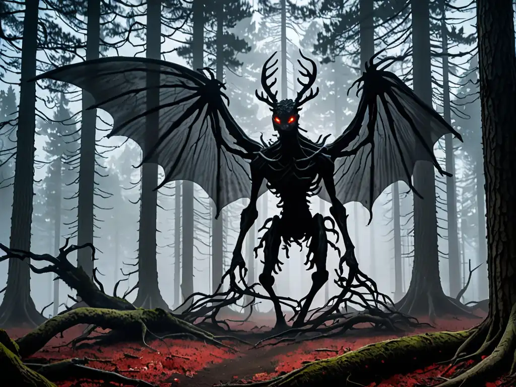 Un bosque denso y brumoso al anochecer, con árboles altos y retorcidos