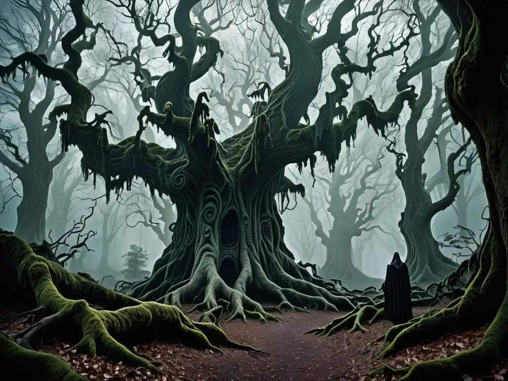Un bosque encantado con apariencias misteriosas y árboles antiguos, envuelto en niebla