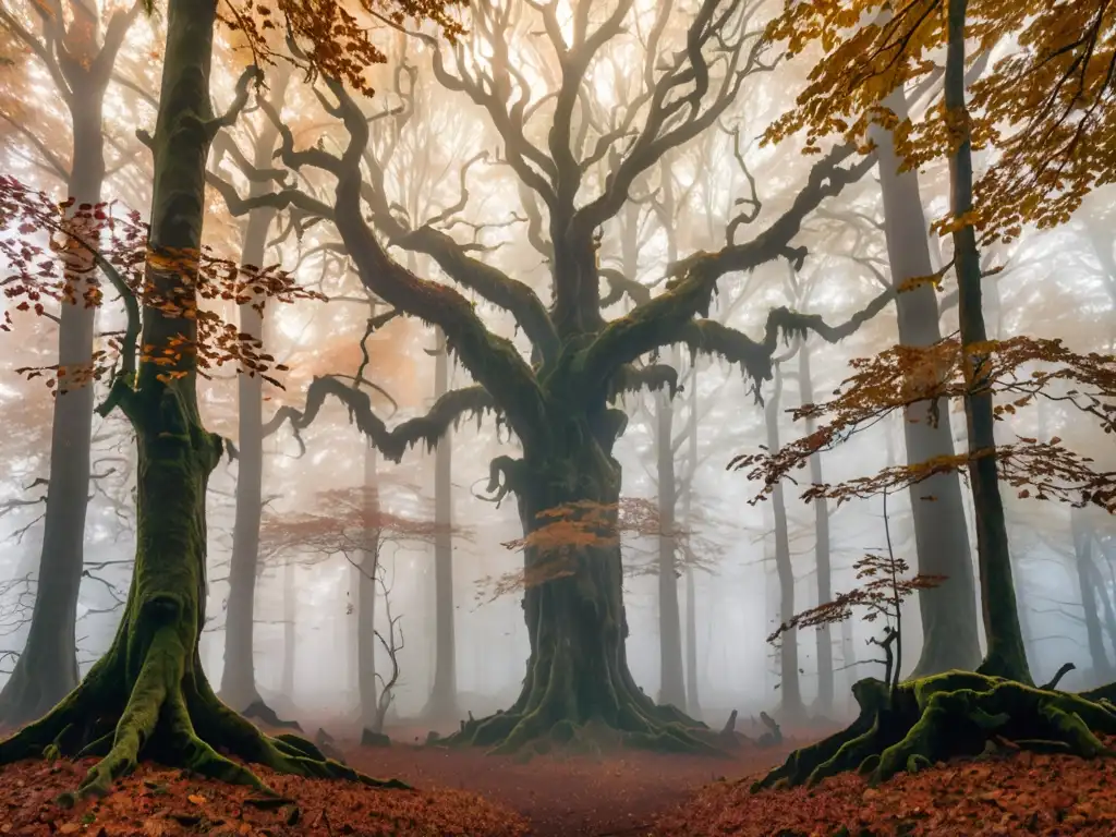 Bosque encantado con árboles antiguos y niebla