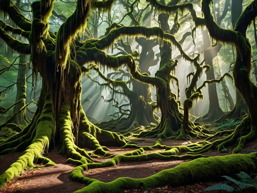 Un bosque encantado envuelto en niebla, con árboles antiguos y misteriosa luz, creando una atmósfera de apariciones en bosques encantados