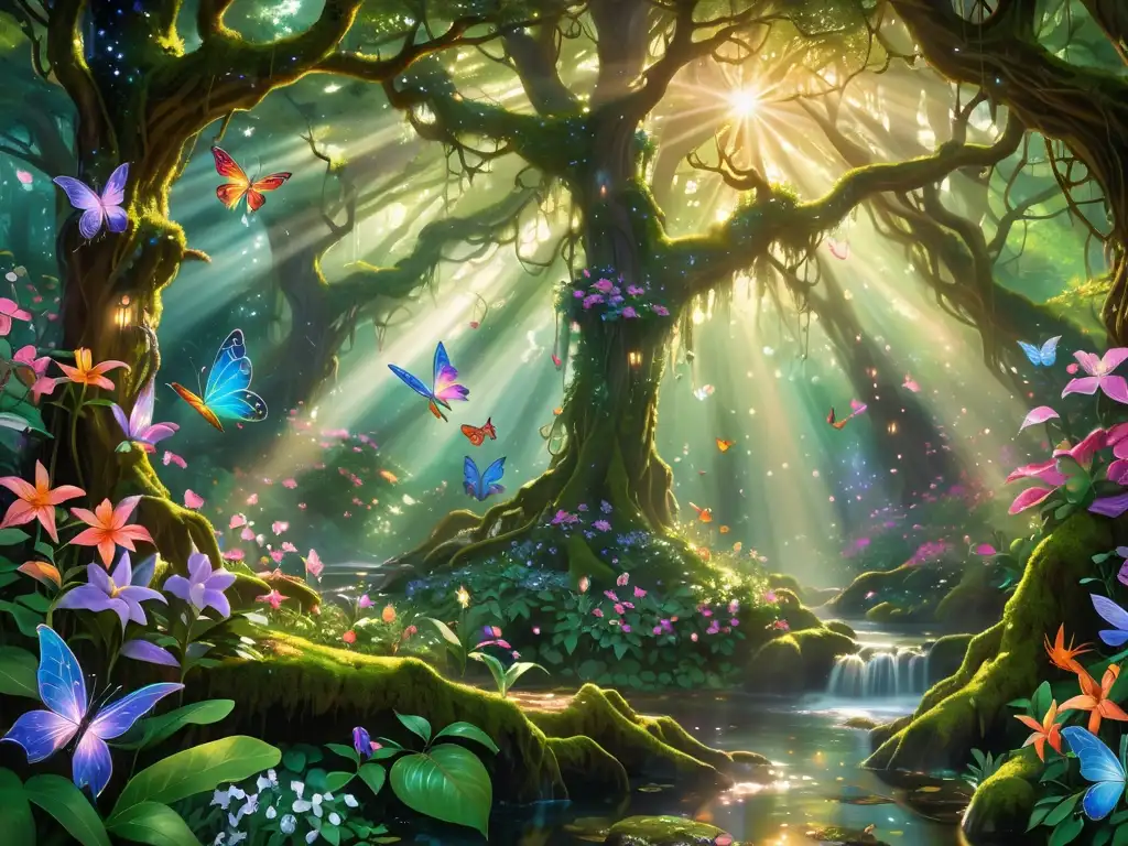 Un bosque encantado con jerarquías de hadas en el mundo feérico, lleno de magia y misticismo entre la exuberante naturaleza
