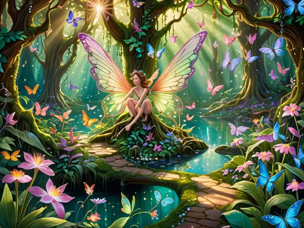 Bosque encantado: luz, flora y hadas en detalle Un bosque encantado con luz cálida filtrándose entre la densa vegetación, revelando la belleza mágica y misteriosa de las hadas