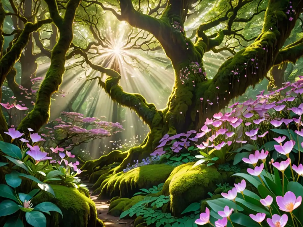 Un bosque encantado con rayos de sol filtrándose entre el dosel, creando un ambiente mágico