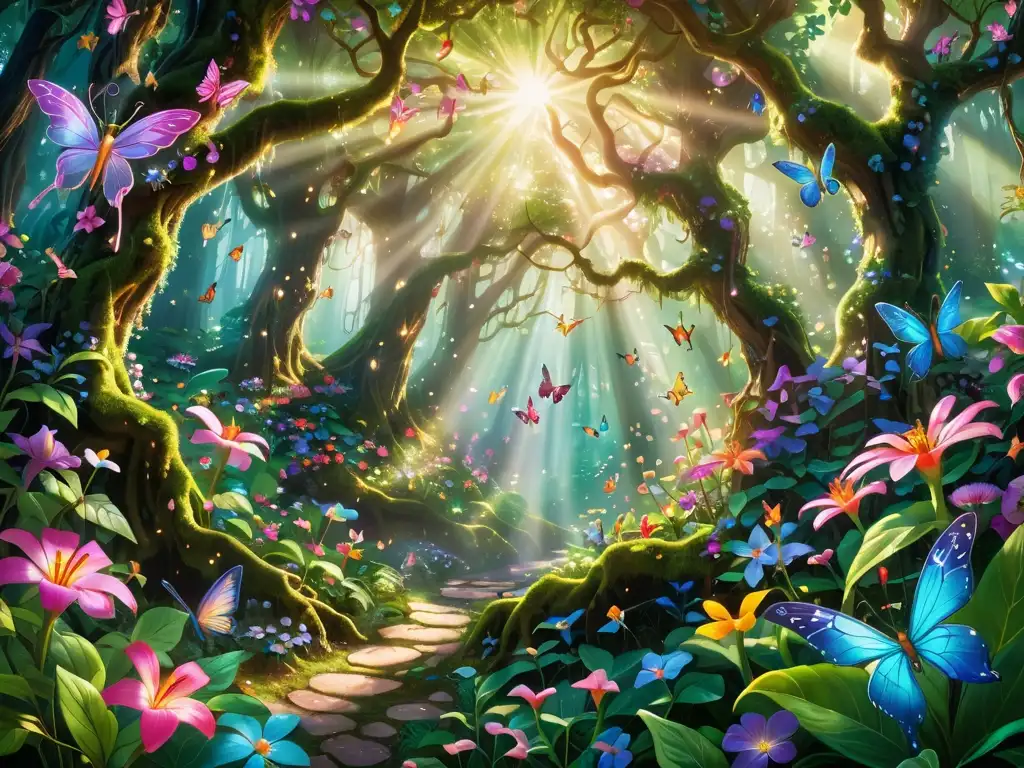 Bosque encantado de hadas y flores vibrantes Un bosque encantado rebosante de vida, con hadas diminutas revoloteando entre flores coloridas