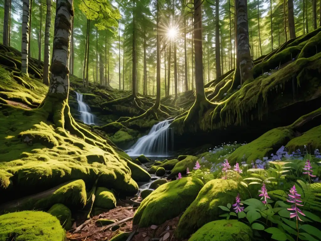Un bosque escandinavo exuberante con luz filtrada, cascada y misterio Huldra mujer bosques escandinavos