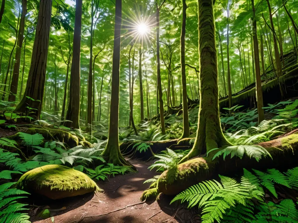 Un bosque exuberante y denso con luz solar filtrándose entre el dosel, creando sombras moteadas en el suelo