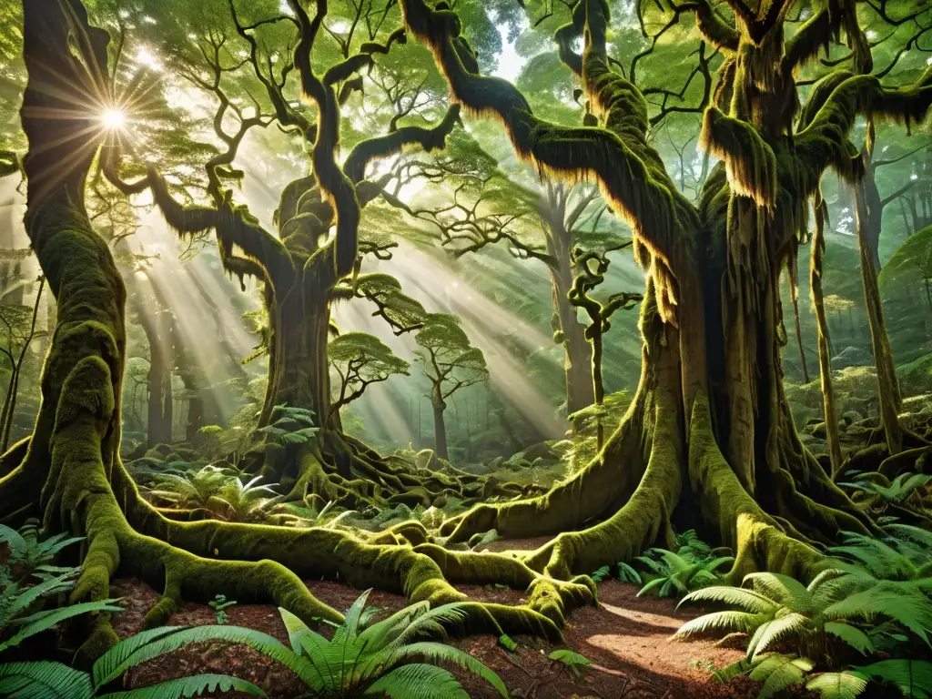 Un bosque exuberante y místico con árboles antiguos y raíces cubiertas de musgo