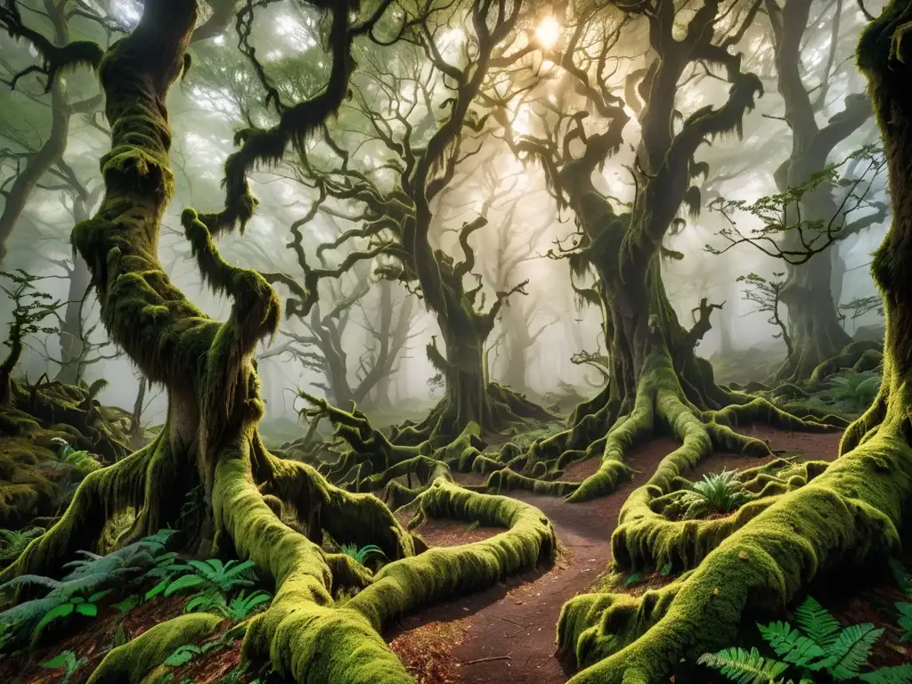 Un bosque misterioso y encantado, con árboles antiguos cubiertos de niebla