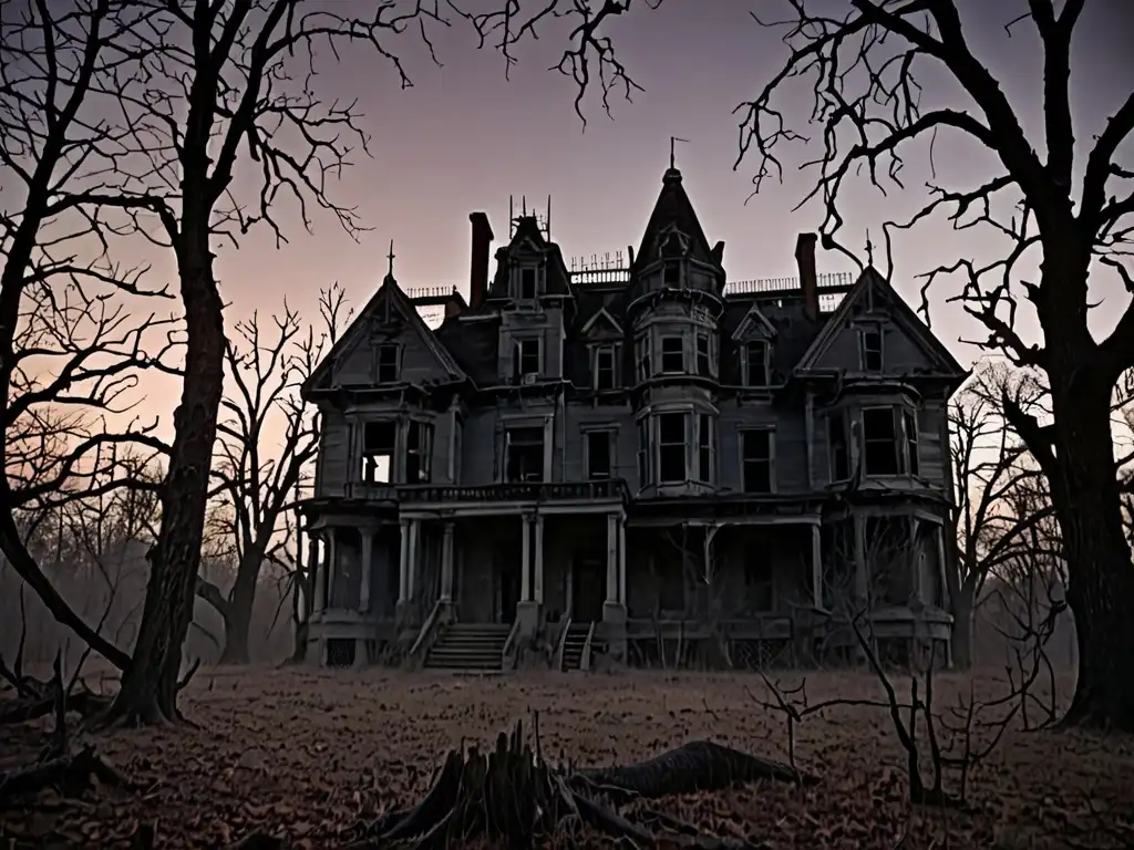 Un bosque misterioso envuelto en niebla al anochecer, con árboles retorcidos en silueta