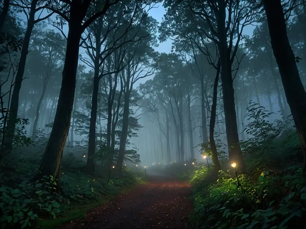 Un bosque misterioso envuelto en niebla con árboles altos y sombríos