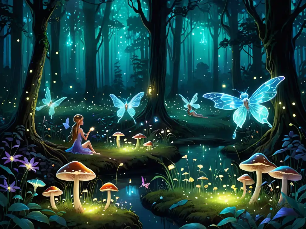 Bosque encantado: hadas etéreas entre hongos luminiscentes Un bosque misterioso iluminado por hongos bioluminiscentes y luciérnagas