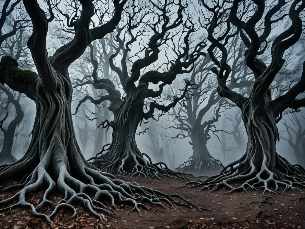Un bosque misterioso y neblinoso al anochecer, con árboles retorcidos y raíces enredadas que crean un paisaje hermoso y escalofriante
