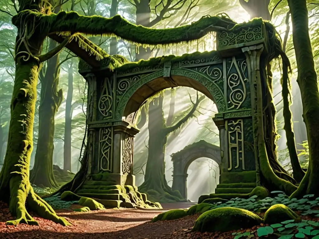 Un bosque místico con árboles antiguos y musgosos, raíces retorcidas, luz filtrada y un arco de piedra cubierto de hiedra y runas misteriosas, evocando la sabiduría de la literatura fantástica de Merlín