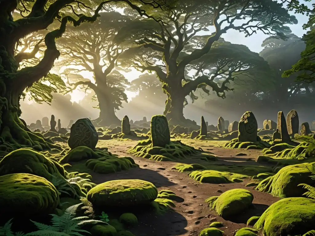 Un bosque místico de robles centenarios, luz dorada entre helechos y flores silvestres, y un círculo de piedra celta
