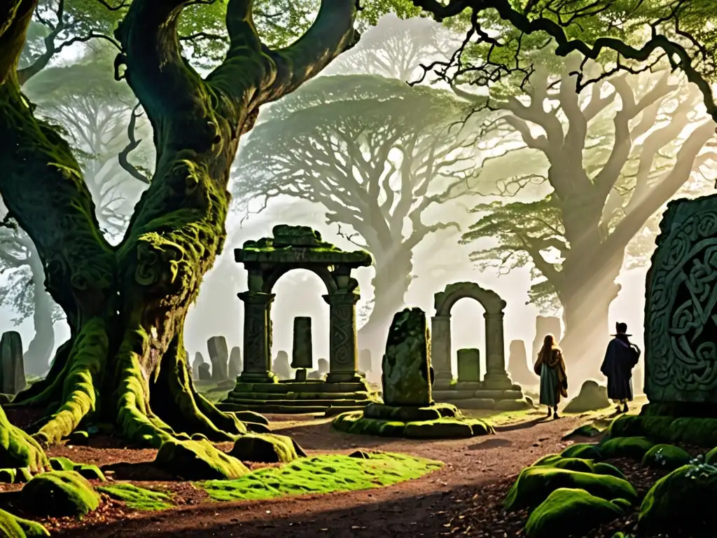 Un bosque neblinoso con antiguas ruinas celtas asomando entre la frondosa vegetación