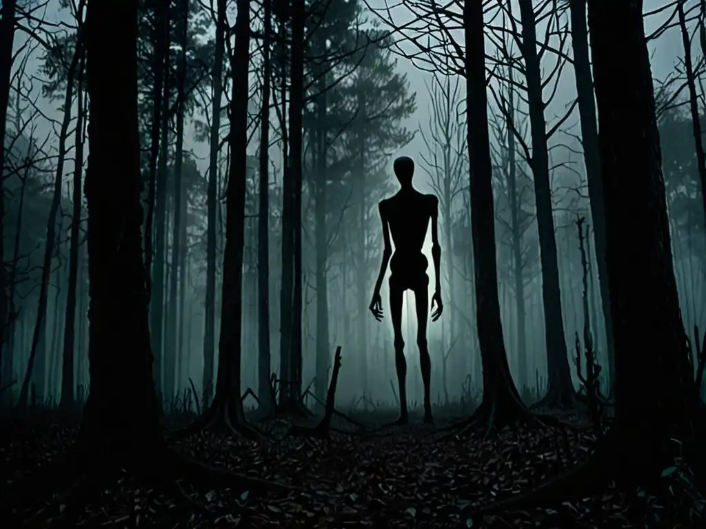 Un bosque oscuro y brumoso al anochecer, evocando la presencia inquietante del Slenderman y las consecuencias reales del culto